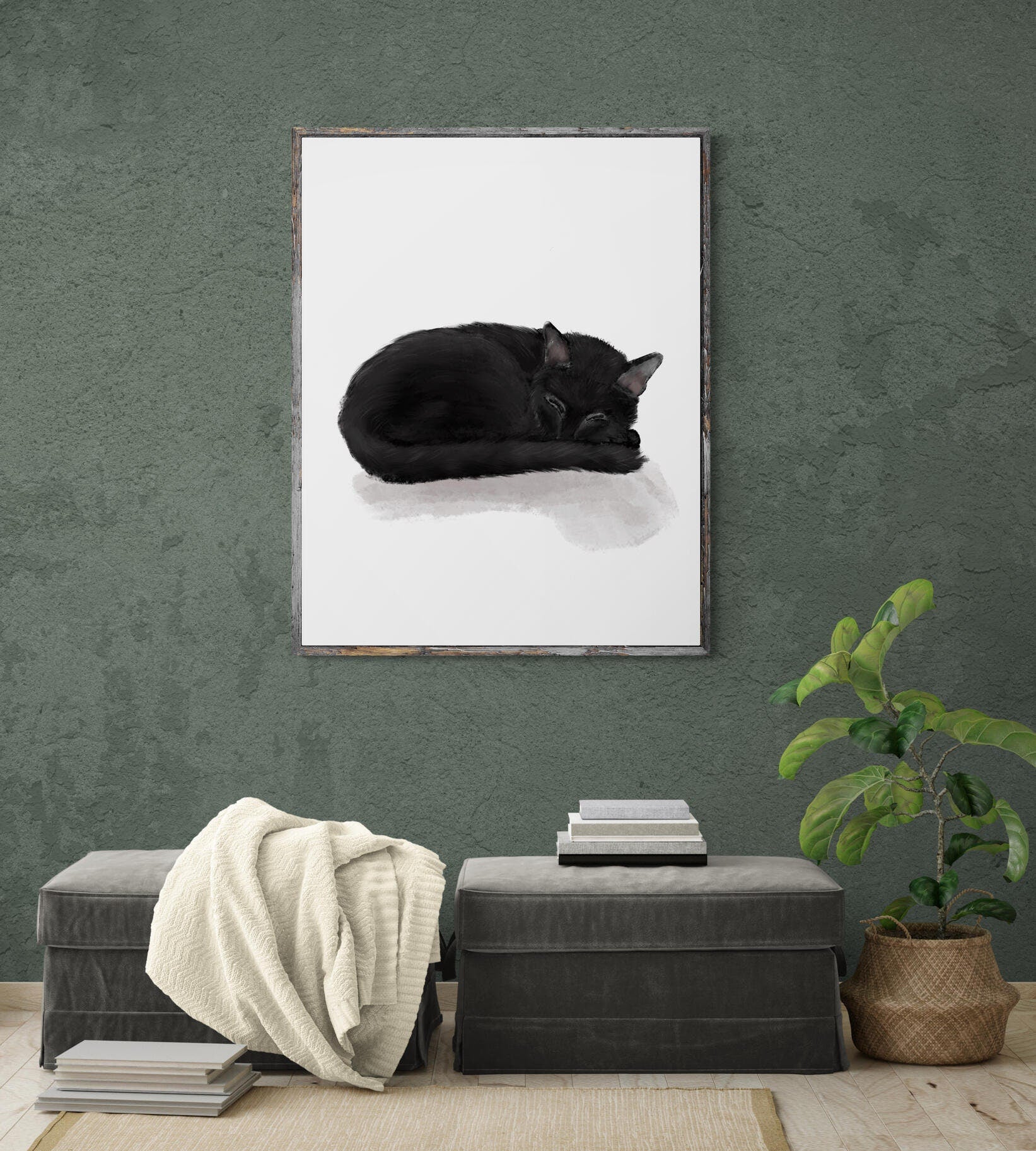 Sleeping Black Cat Print - MerikaArt