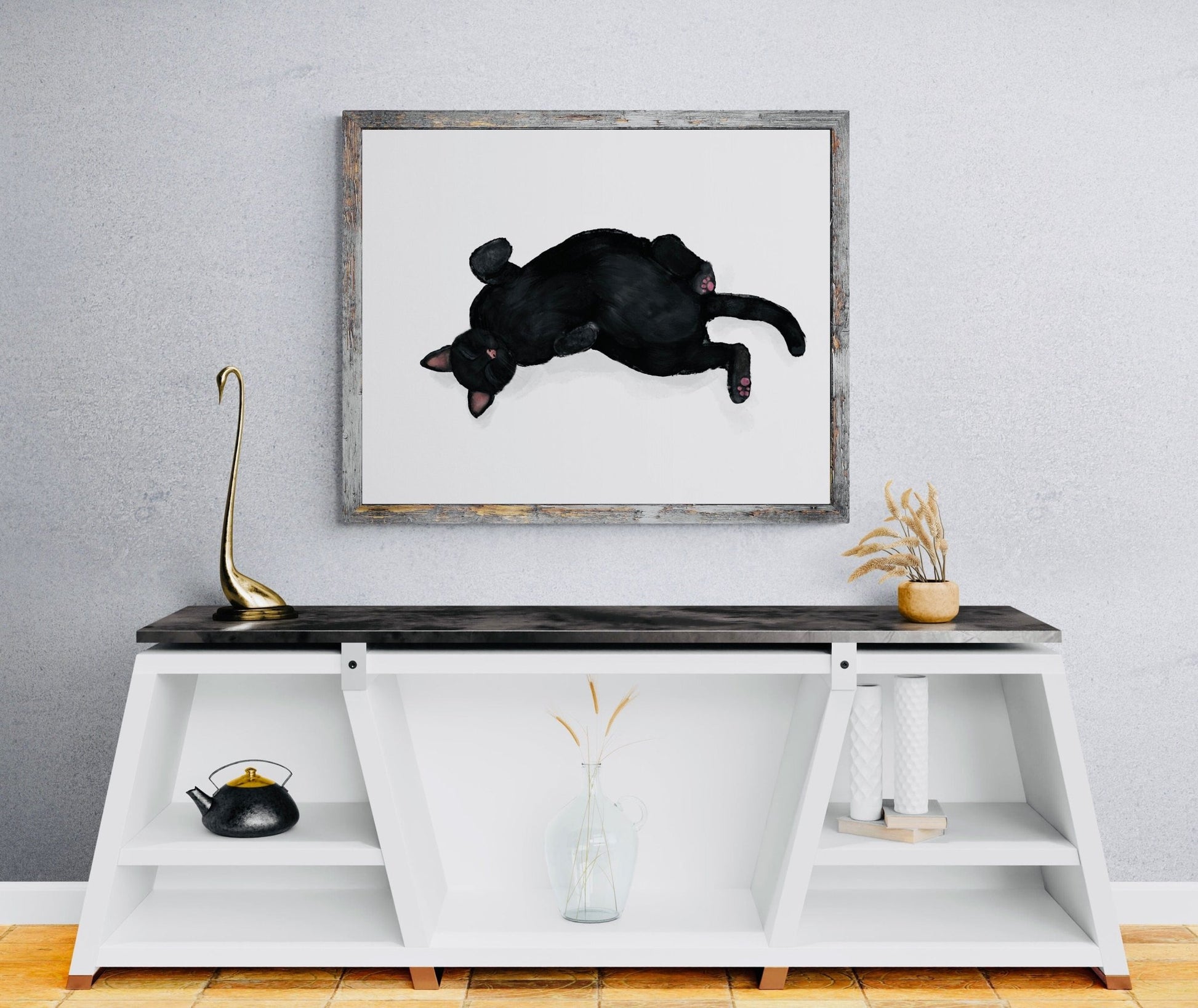 Sleeping Black Cat Print, Sleeping Cat Artwork, Sleeping Black Cat Art, Cat Illustration, Home Decor, Sleeping Cat Painting, Cat Lover - MerikaArt