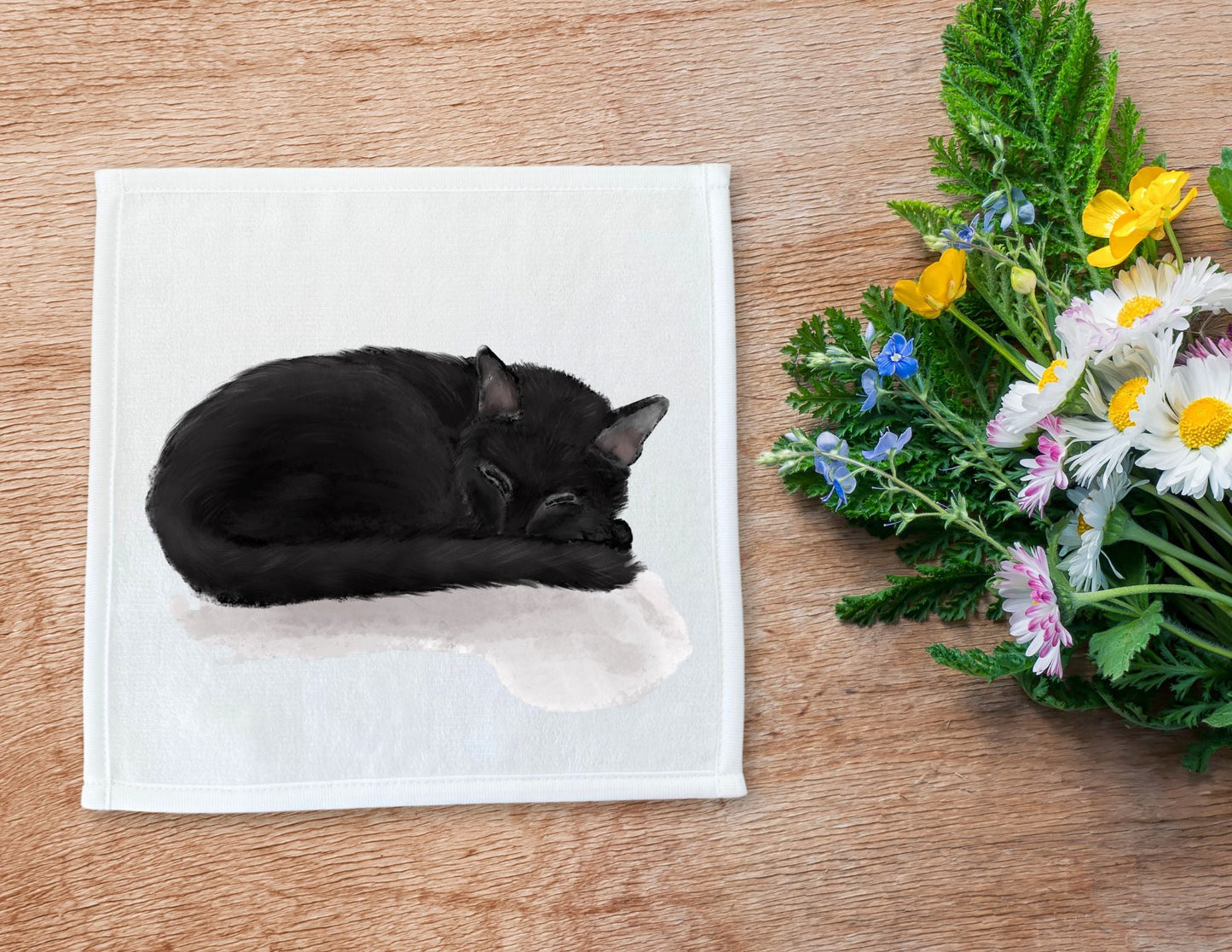 Sleeping Black Cat Washcloth - MerikaArt
