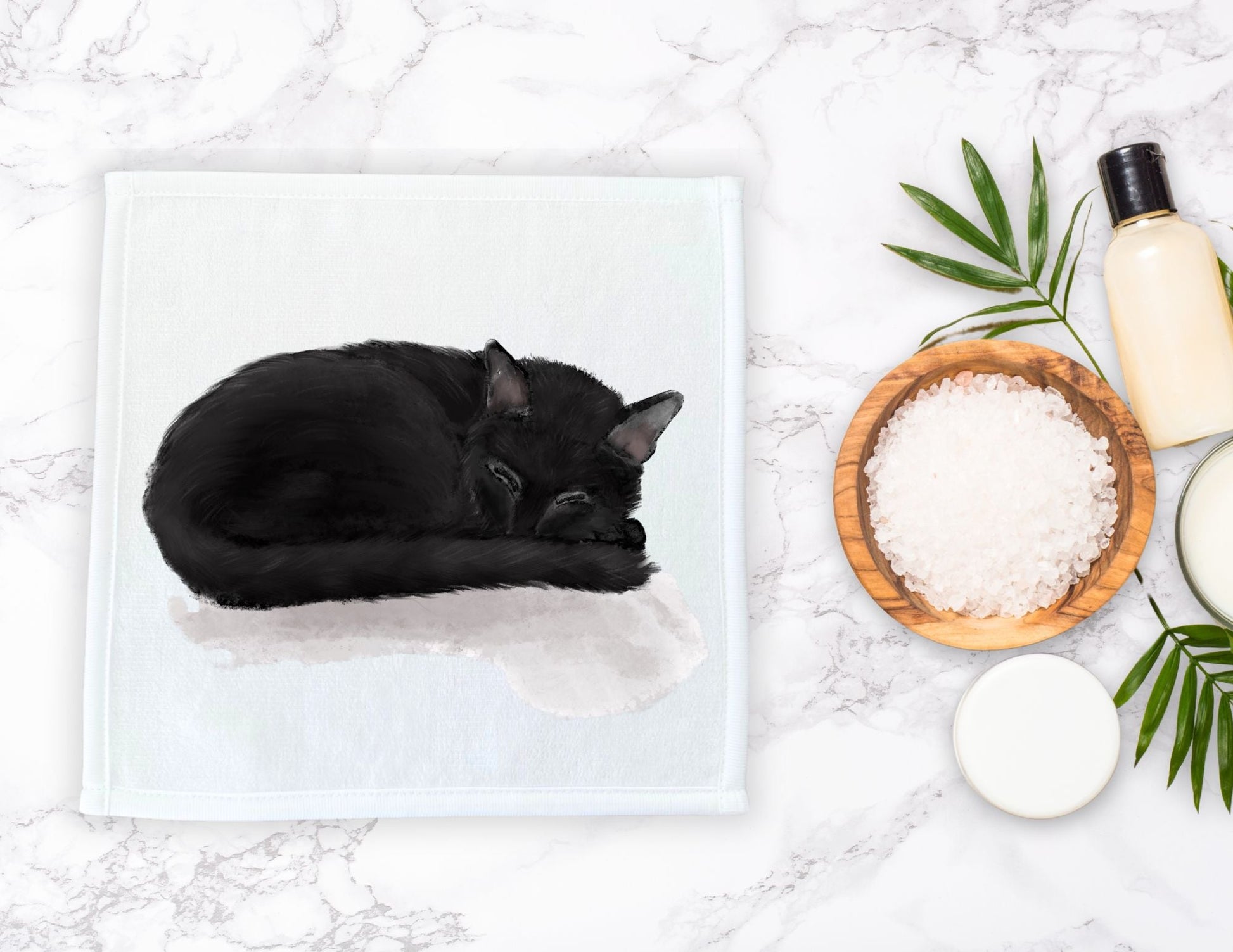 Sleeping Black Cat Washcloth - MerikaArt