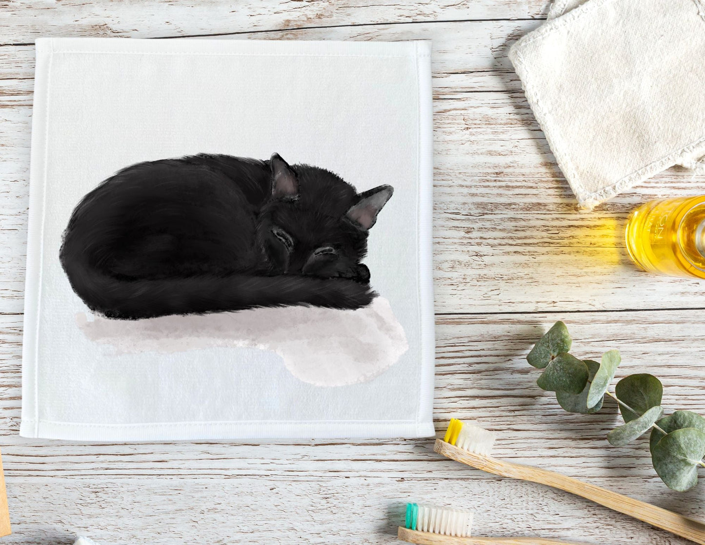 Sleeping Black Cat Washcloth - MerikaArt