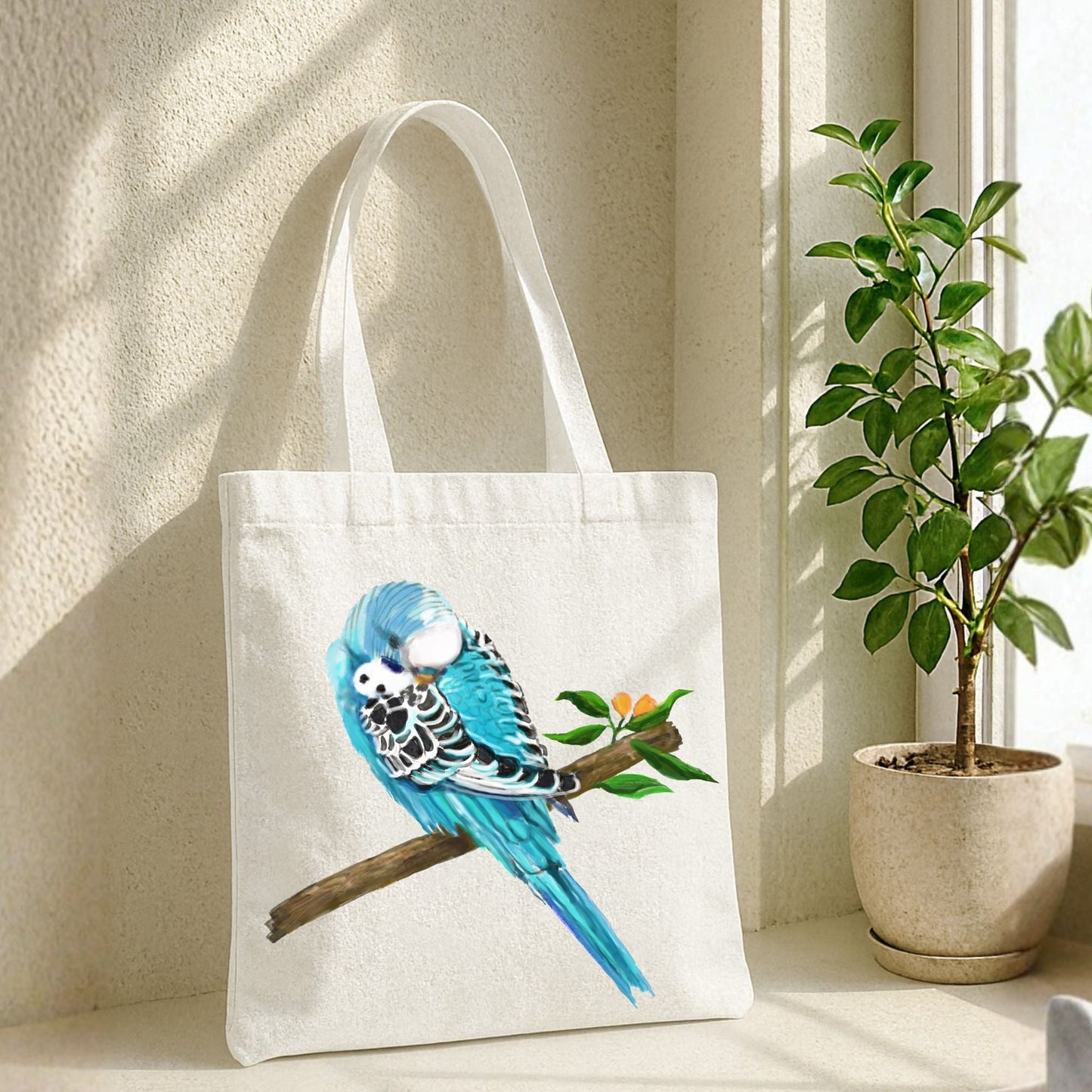 Sleeping Blue Budgie Canvas Tote Bag - MerikaArt