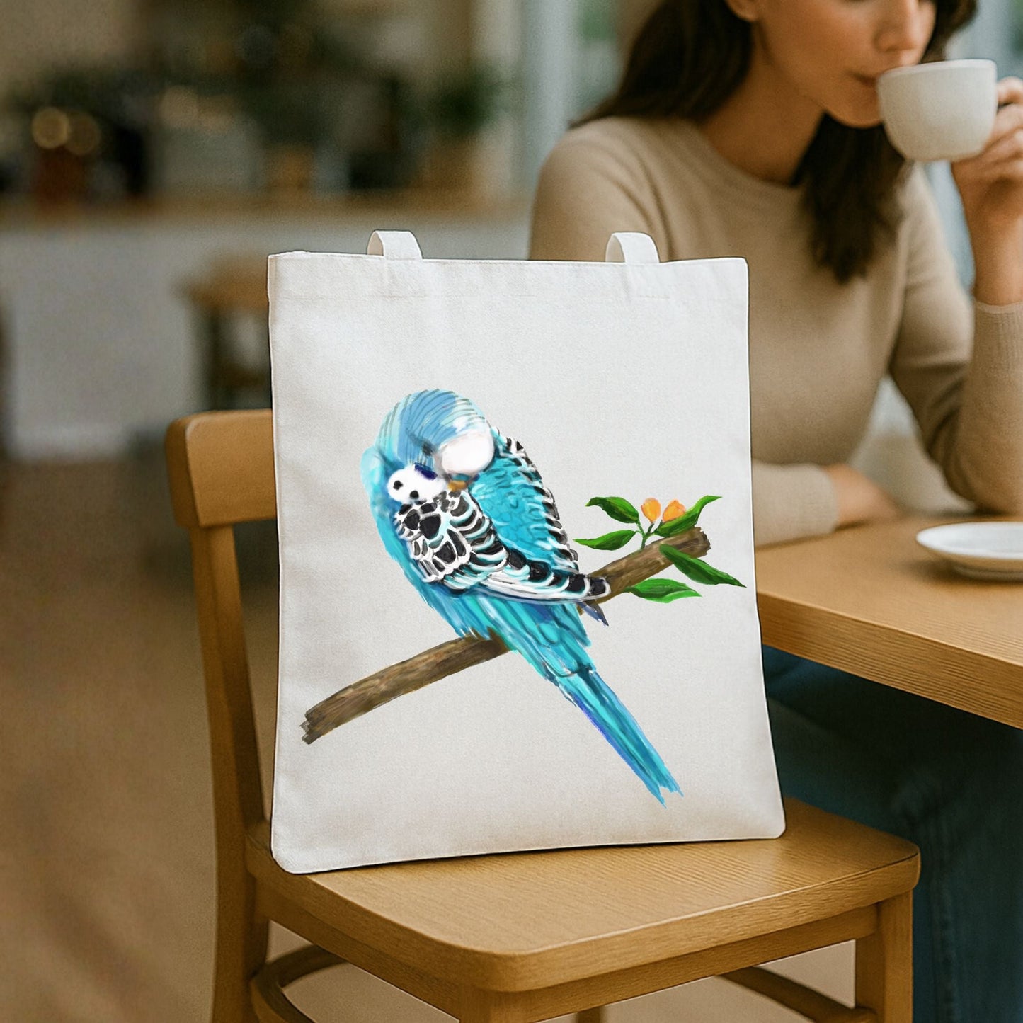Sleeping Blue Budgie Canvas Tote Bag - MerikaArt