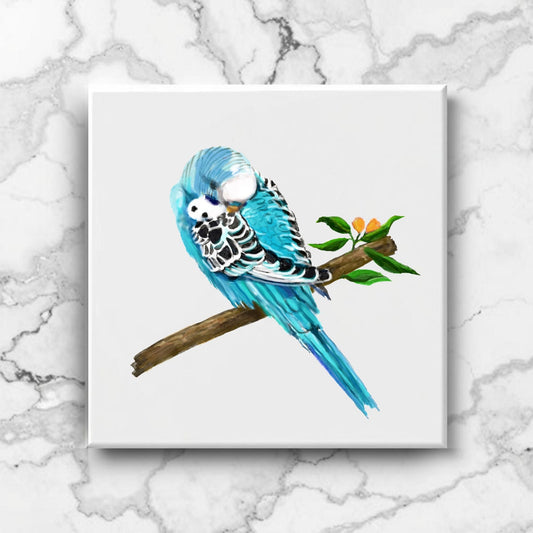 Sleeping Blue Budgie Ceramic Tile – Handcrafted Decorative Art - MerikaArt