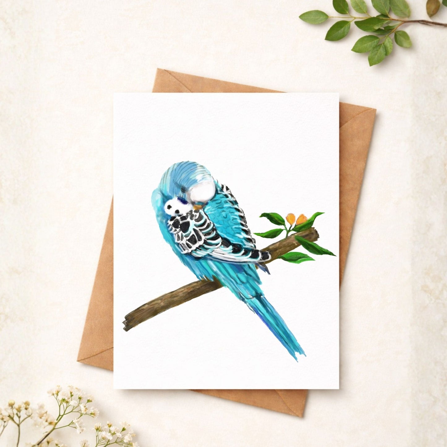 Sleeping Blue Budgie Postcard - MerikaArt