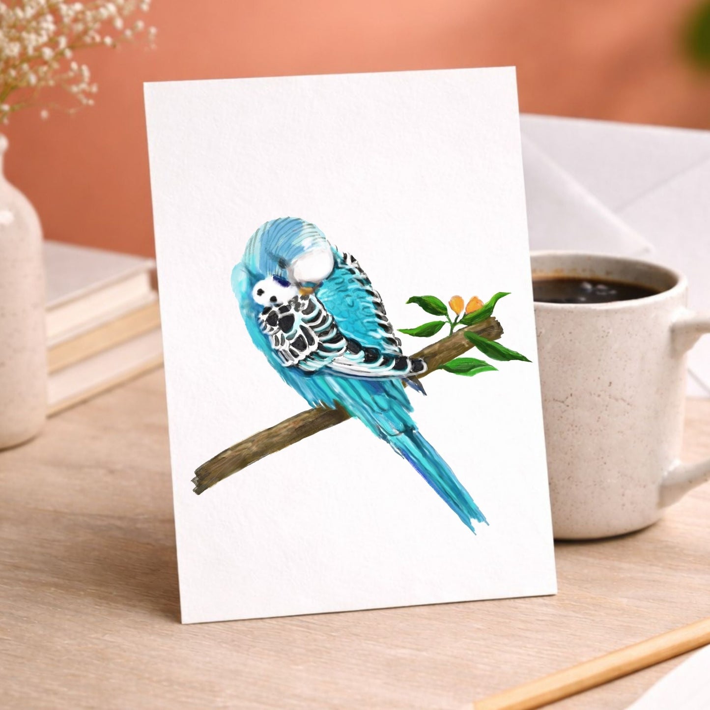Sleeping Blue Budgie Postcard - MerikaArt