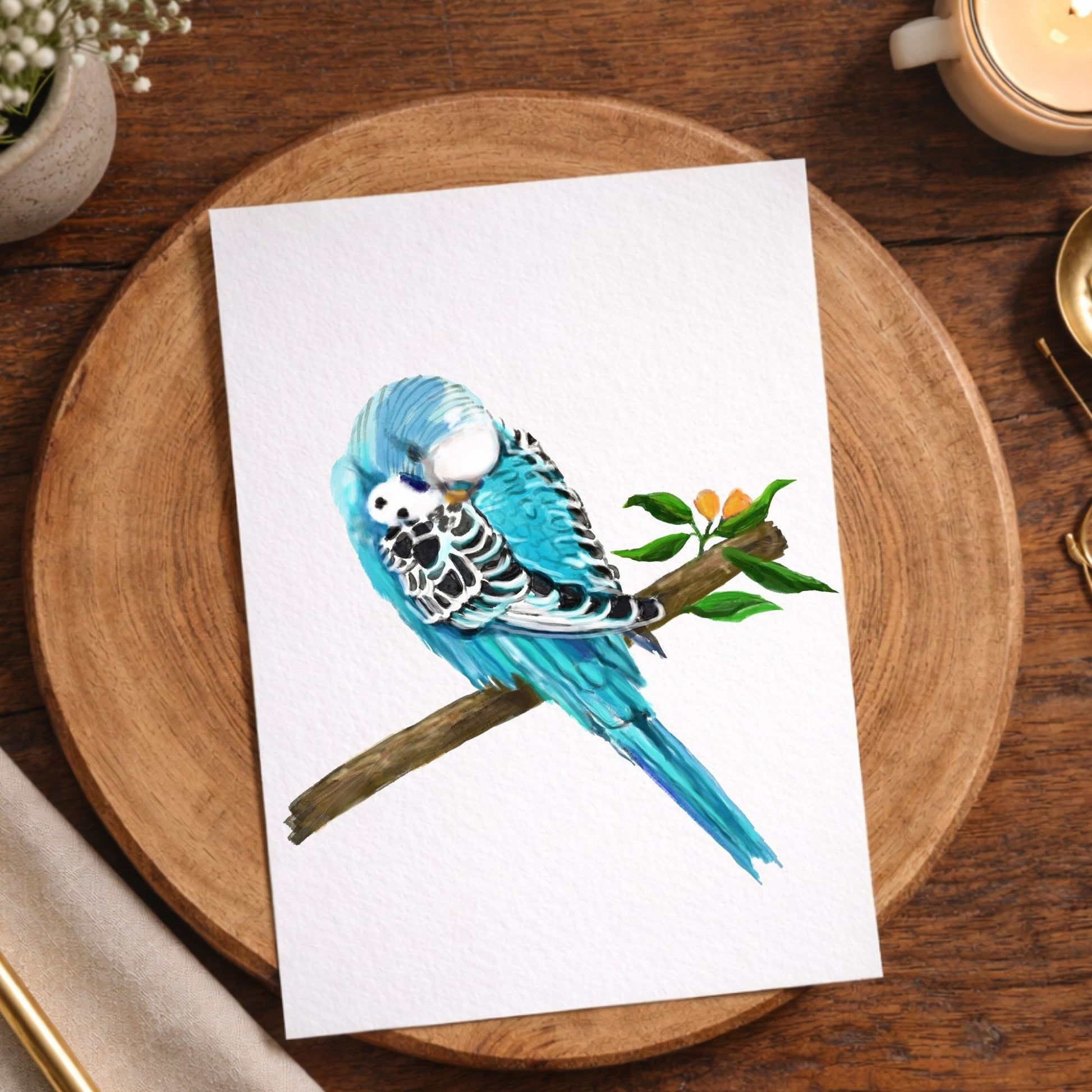 Sleeping Blue Budgie Postcard - MerikaArt