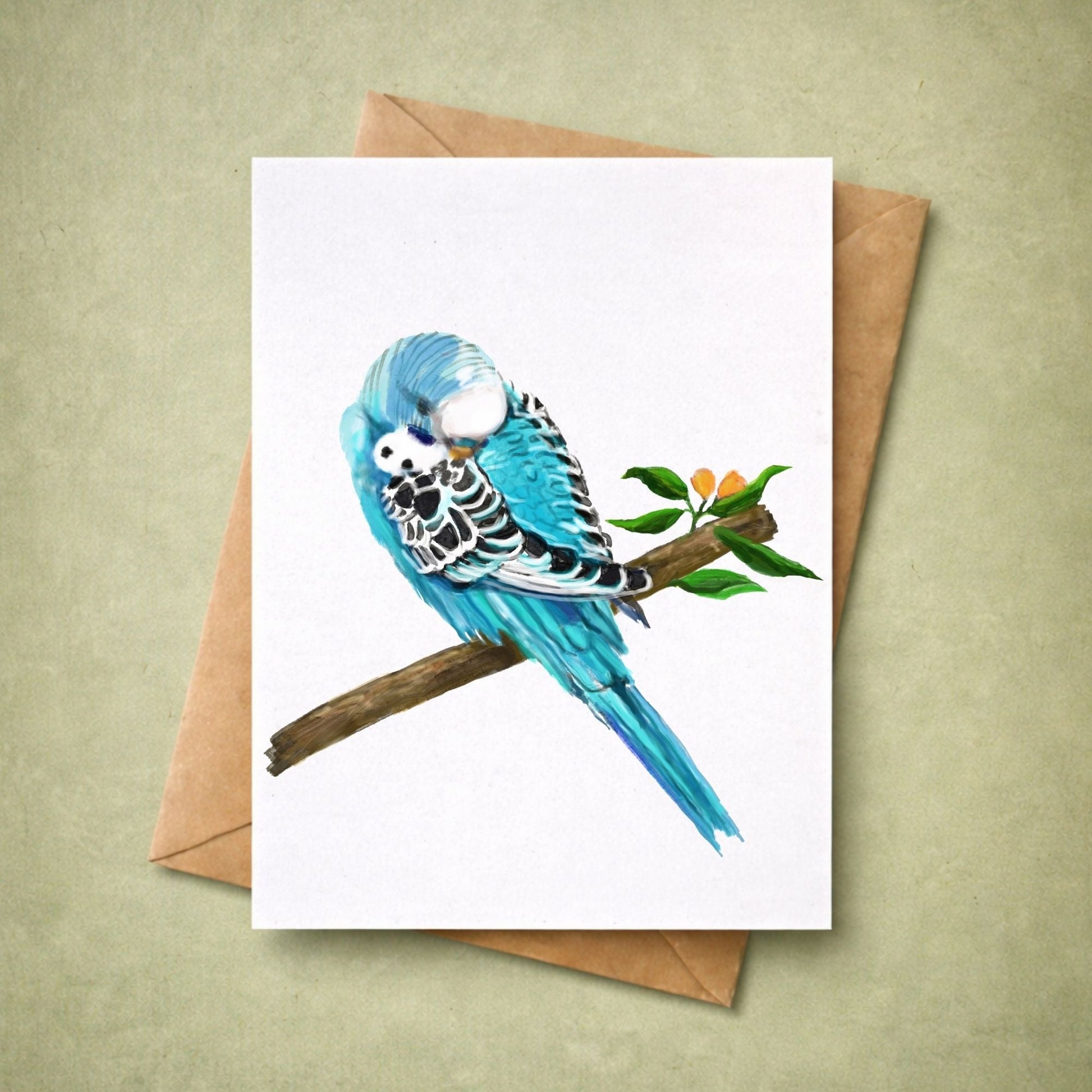 Sleeping Blue Budgie Postcard - MerikaArt