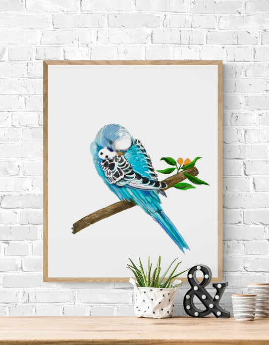 Sleeping Blue Parakeet, Blue Budgie Resting, Blue Bird Memorial, Tropical Bird Art, Bird Lover Gift, Animal Wall Artwork, Bird Illustration - MerikaArt