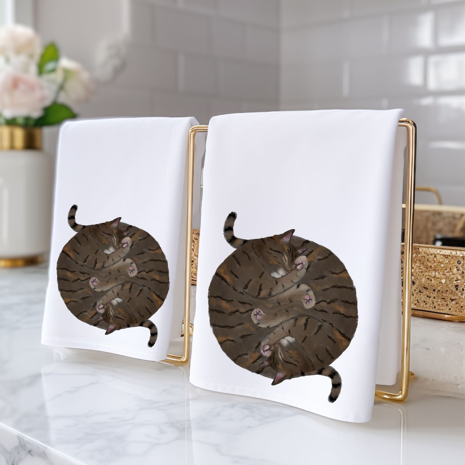 Sleeping Brown Tabby Cat Bathroom Towel - MerikaArt