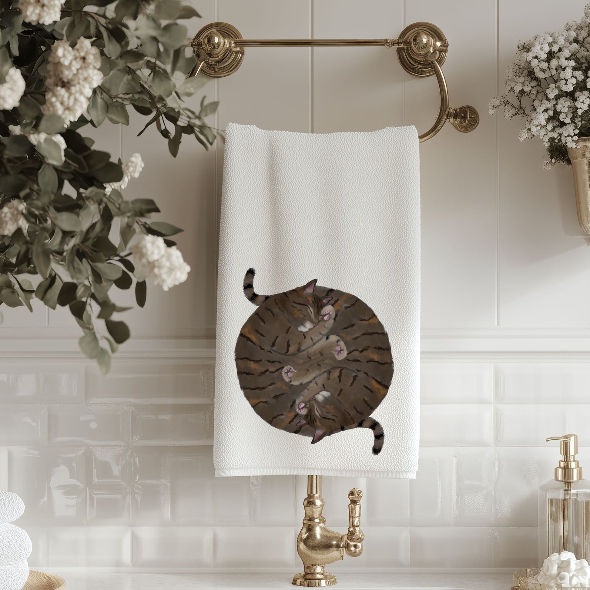 Sleeping Brown Tabby Cat Bathroom Towel - MerikaArt