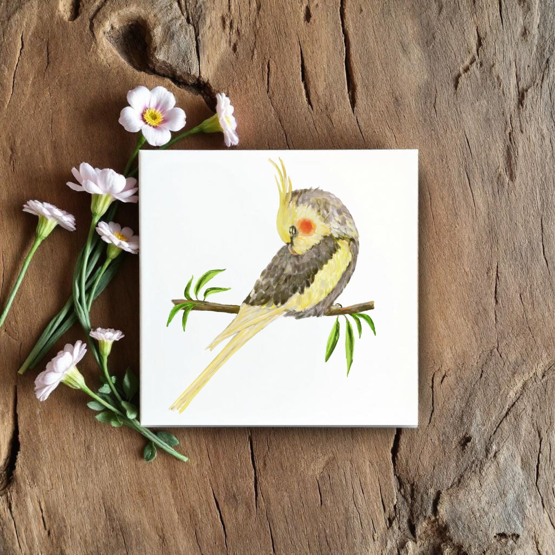 Sleeping Cockatiel Ceramic Tile – Handcrafted Bird Artwork - MerikaArt