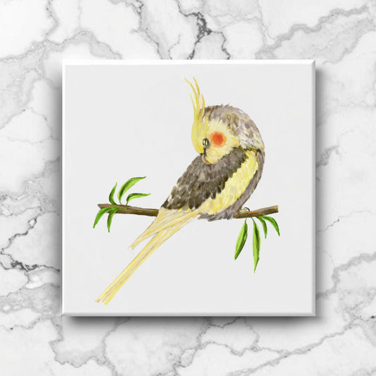 Sleeping Cockatiel Ceramic Tile – Handcrafted Bird Artwork - MerikaArt