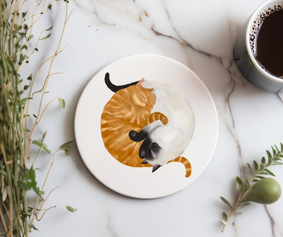 Sleeping Ginger and Siamese Cats Ceramic Coaster - MerikaArt