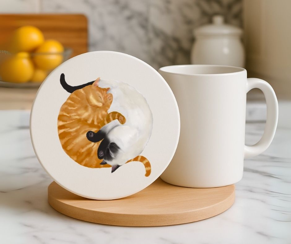 Sleeping Ginger and Siamese Cats Ceramic Coaster - MerikaArt