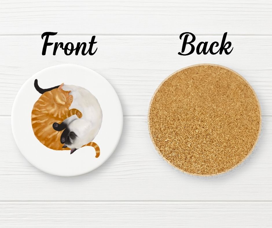 Sleeping Ginger and Siamese Cats Ceramic Coaster - MerikaArt
