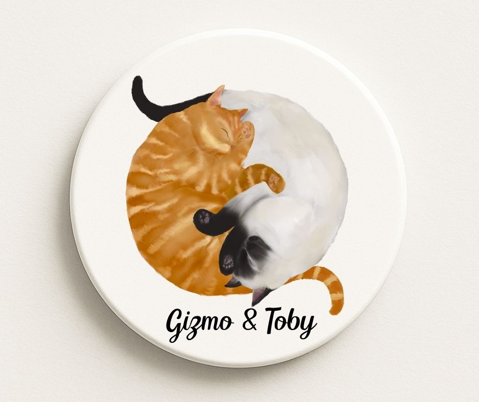 Sleeping Ginger and Siamese Cats Ceramic Coaster - MerikaArt