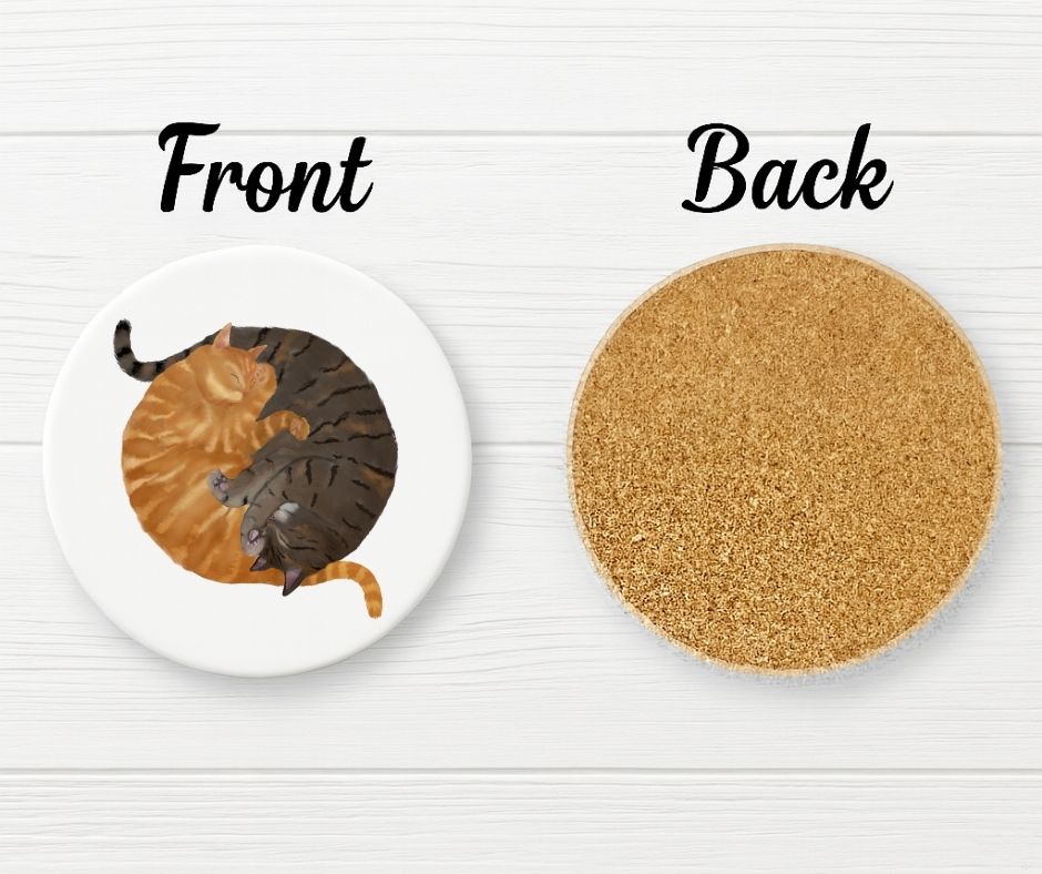 Sleeping Ginger and Tabby Cats Ceramic Coaster - MerikaArt