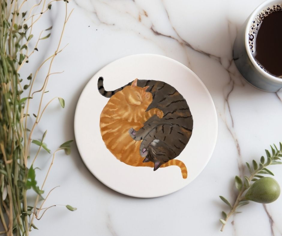 Sleeping Ginger and Tabby Cats Ceramic Coaster - MerikaArt