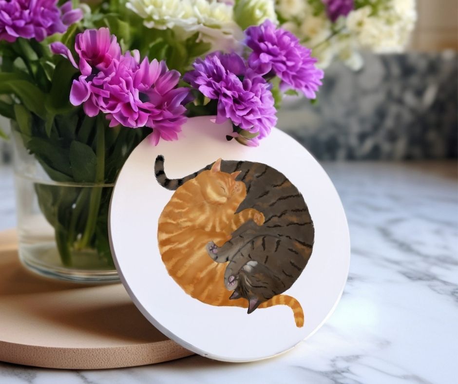 Sleeping Ginger and Tabby Cats Ceramic Coaster - MerikaArt