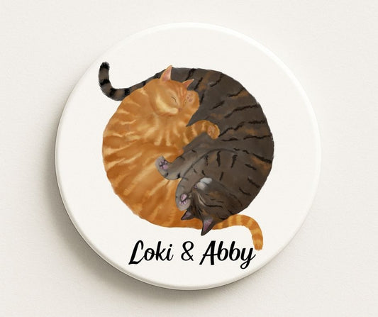 Sleeping Ginger and Tabby Cats Ceramic Coaster - MerikaArt