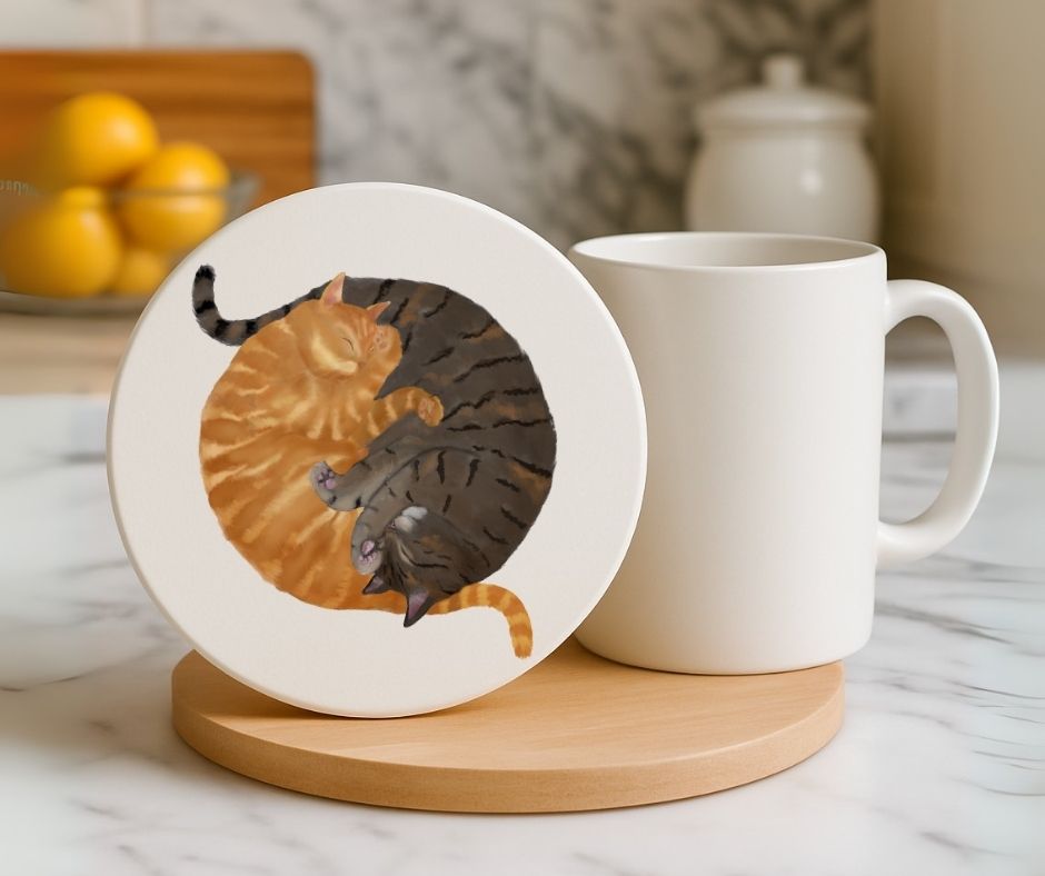 Sleeping Ginger and Tabby Cats Ceramic Coaster - MerikaArt