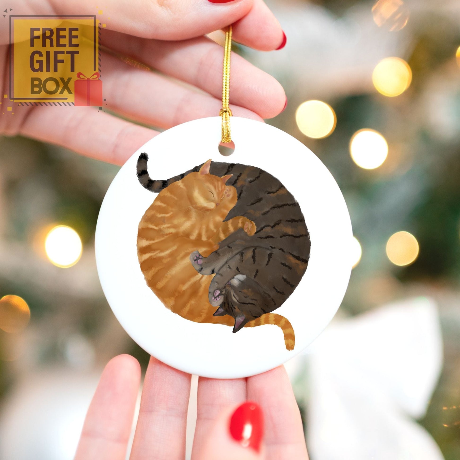 Sleeping Ginger And Tabby Cats Ceramic Ornament - MerikaArt