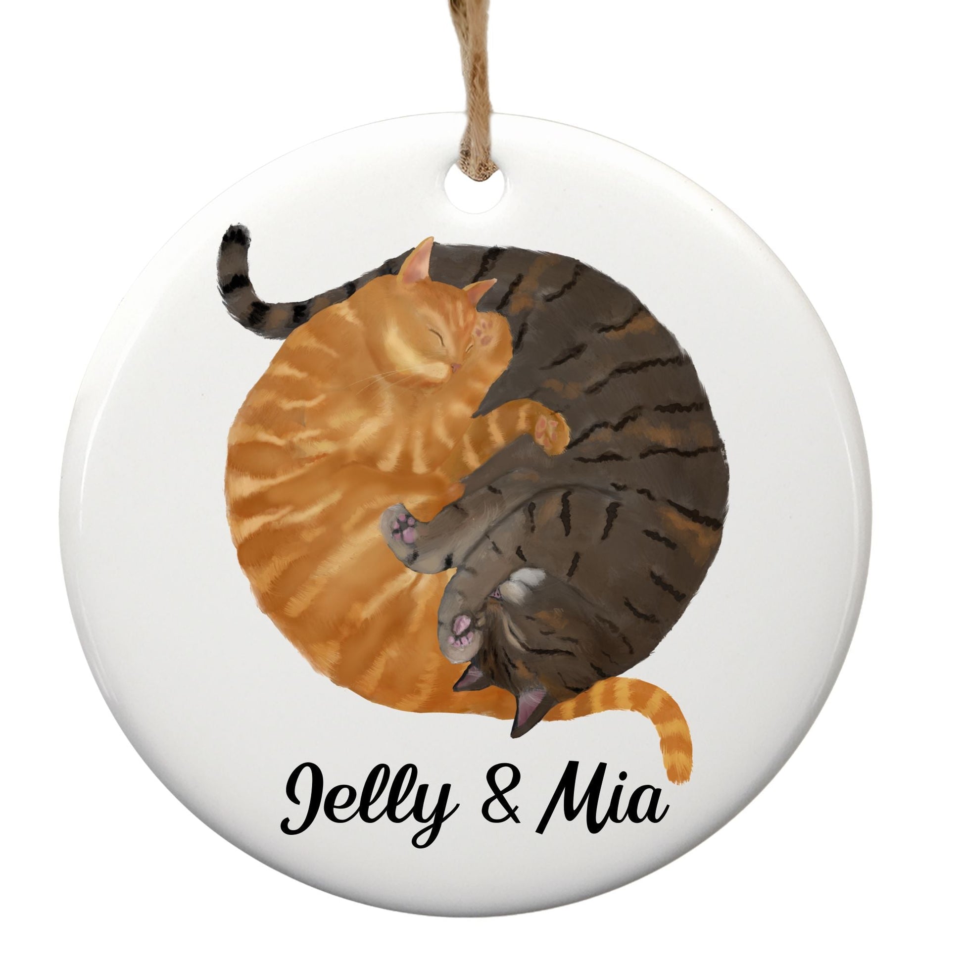 Sleeping Ginger And Tabby Cats Ceramic Ornament - MerikaArt