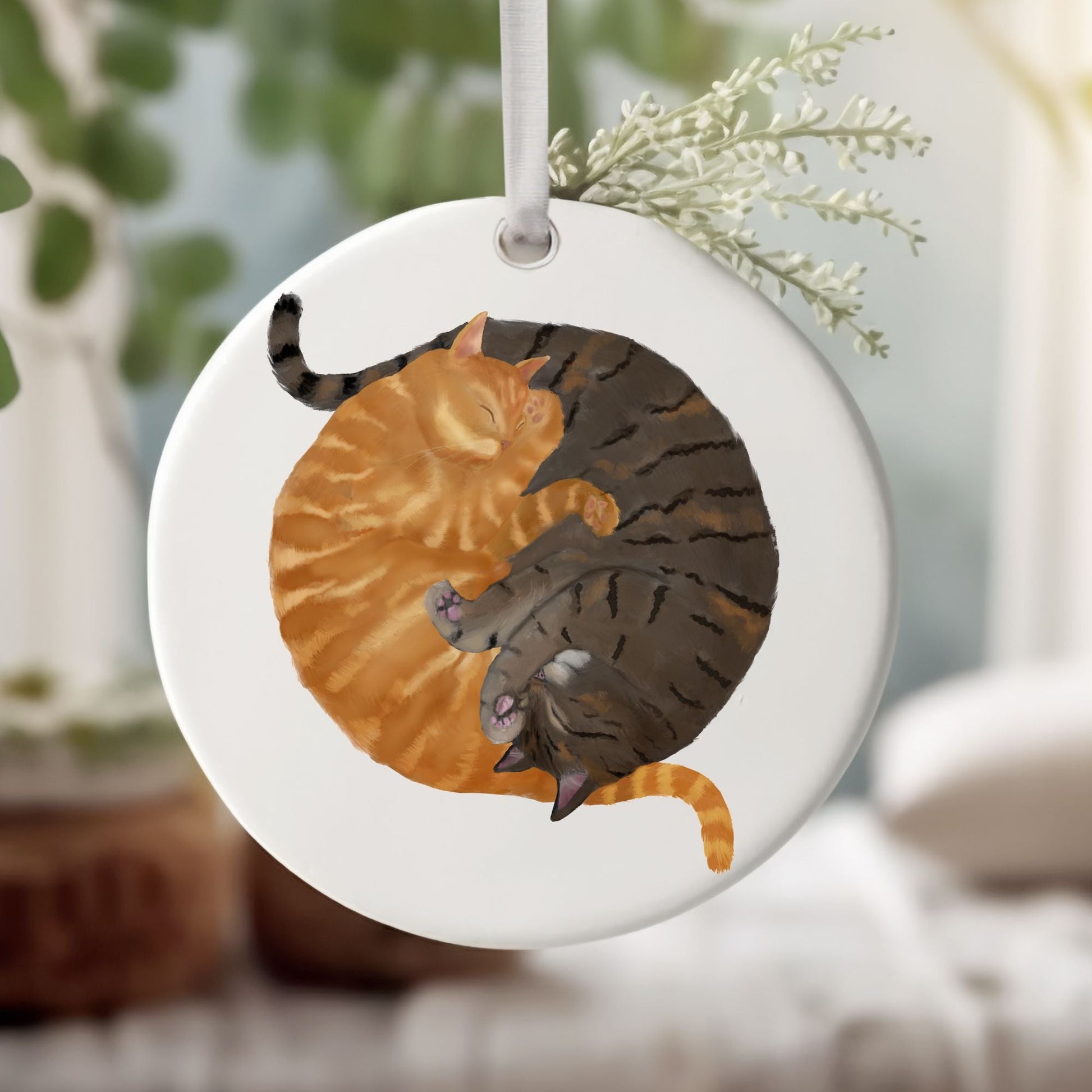 Sleeping Ginger And Tabby Cats Ceramic Ornament - MerikaArt