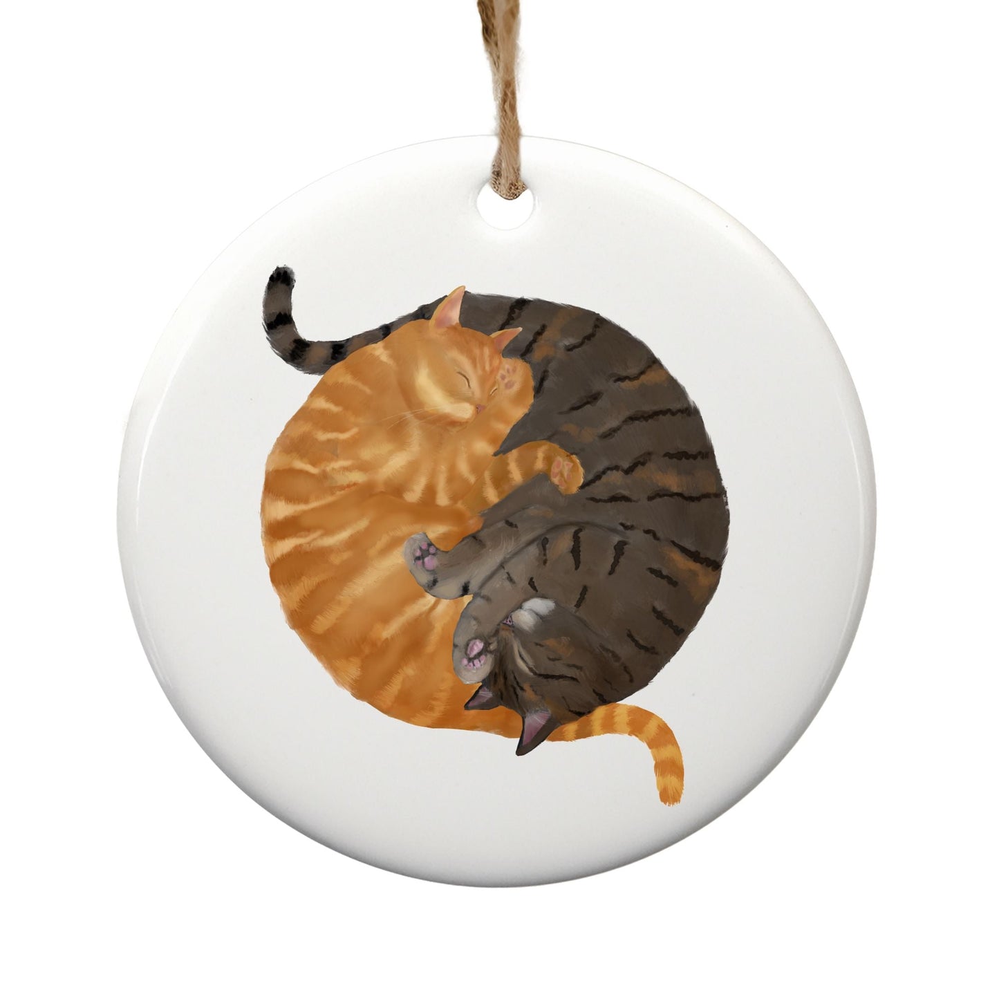 Sleeping Ginger And Tabby Cats Ceramic Ornament - MerikaArt
