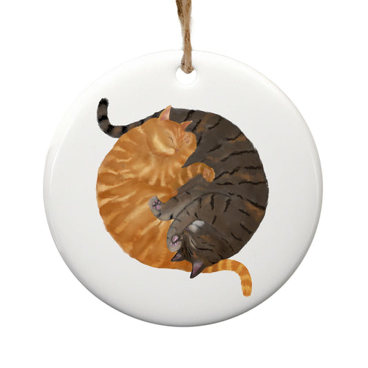 Sleeping Ginger And Tabby Cats Ceramic Ornament - MerikaArt