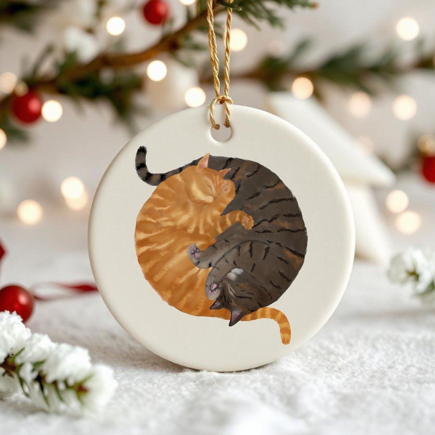 Sleeping Ginger And Tabby Cats Ceramic Ornament - MerikaArt