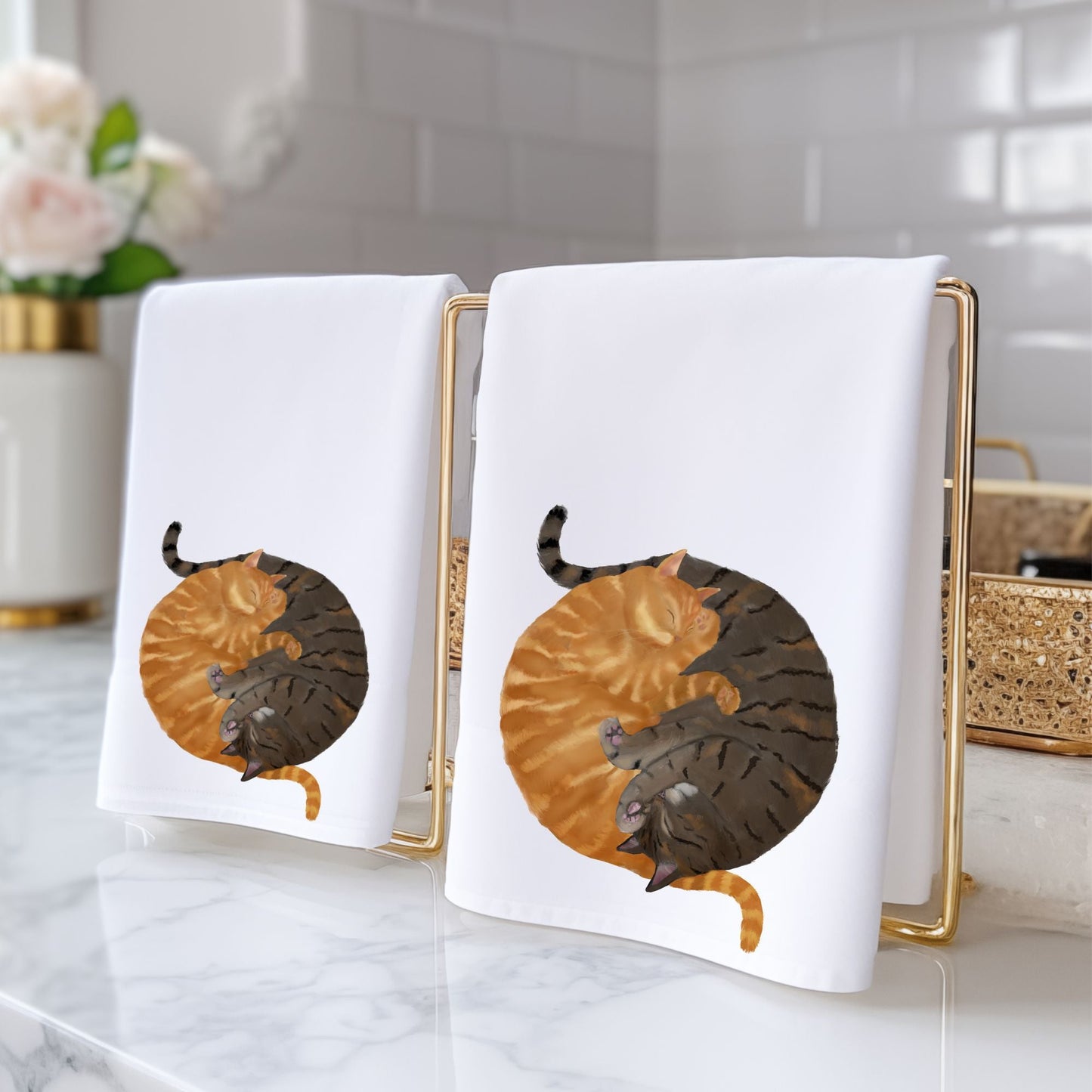 Sleeping Ginger Cat and Tabby Cat Bathroom Towel - MerikaArt