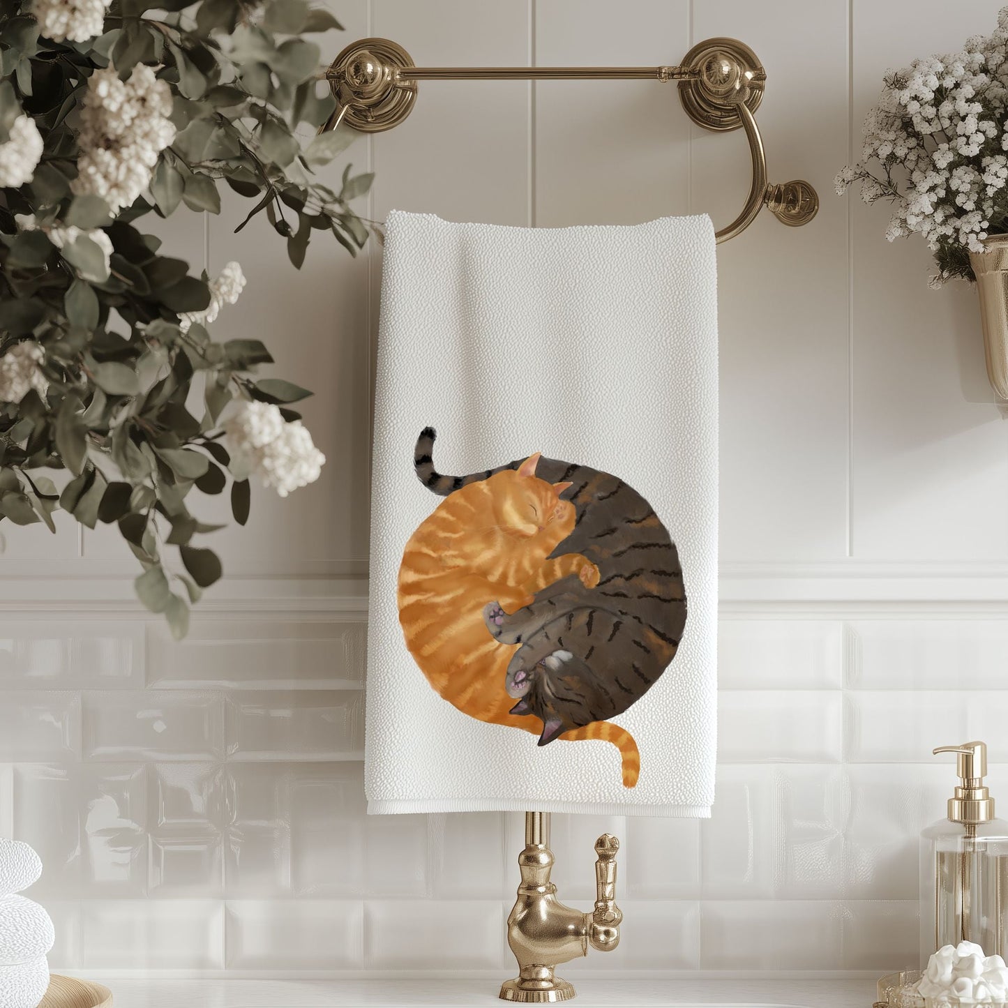 Sleeping Ginger Cat and Tabby Cat Bathroom Towel - MerikaArt