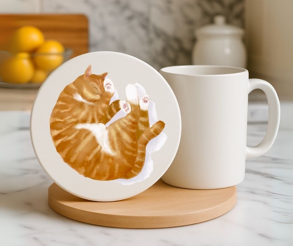 Sleeping Ginger Cat Ceramic Coaster - MerikaArt