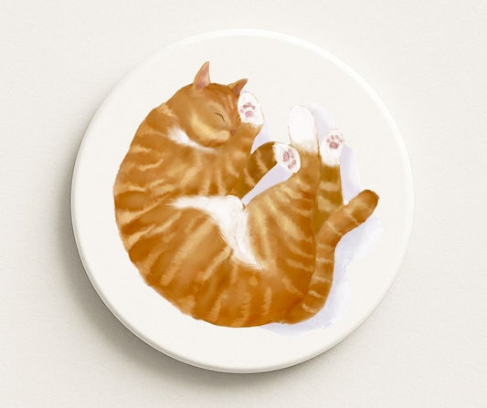 Sleeping Ginger Cat Ceramic Coaster - MerikaArt
