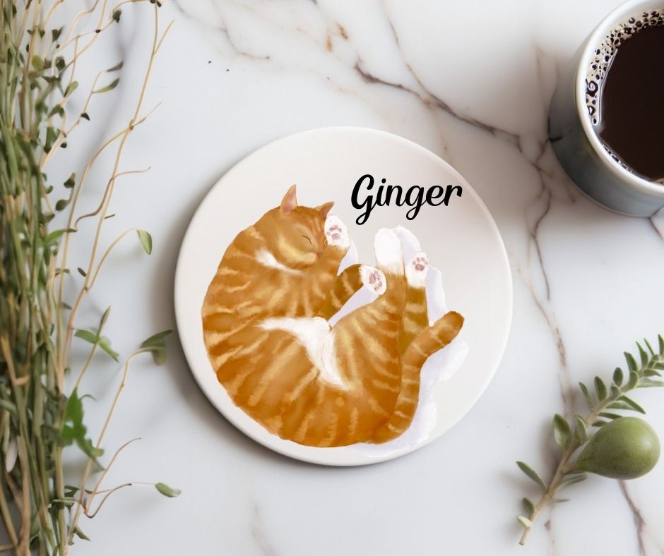 Sleeping Ginger Cat Ceramic Coaster - MerikaArt