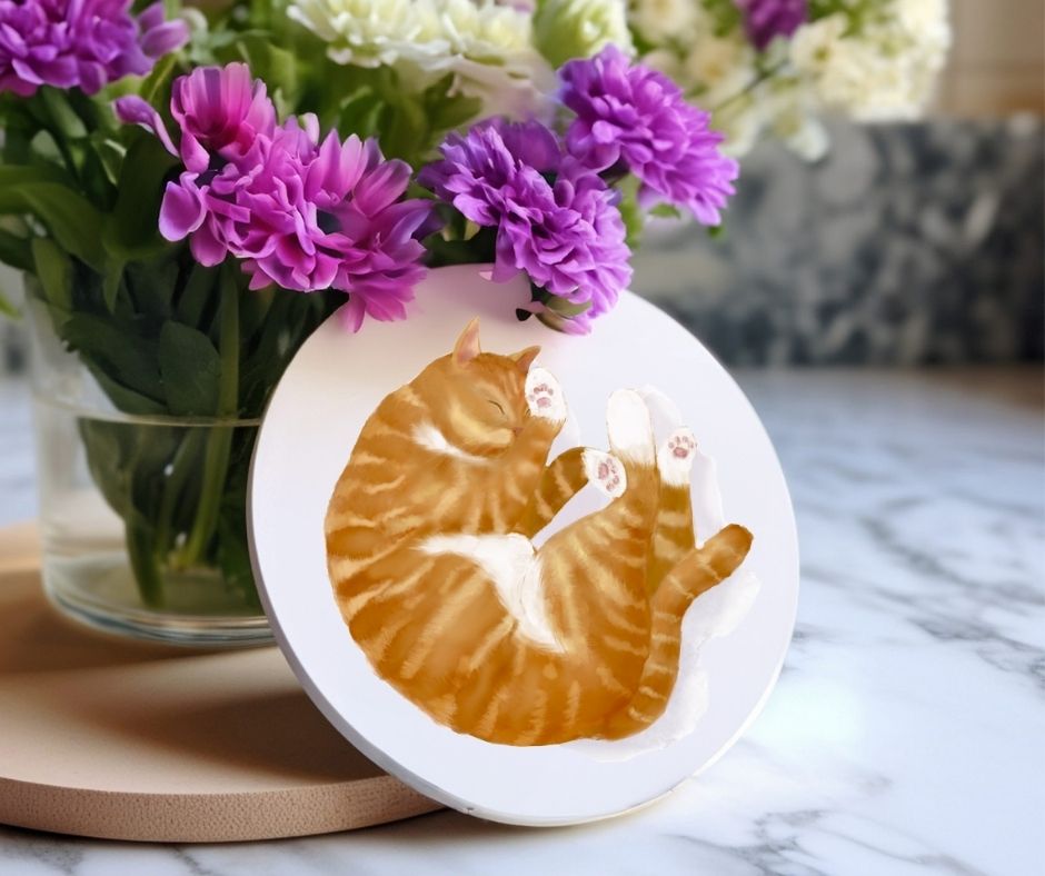 Sleeping Ginger Cat Ceramic Coaster - MerikaArt