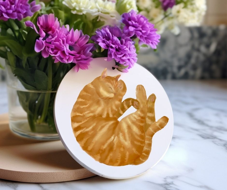 Sleeping Ginger Tabby Cat Ceramic Coaster - MerikaArt