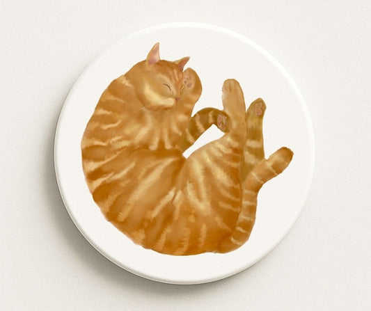 Sleeping Ginger Tabby Cat Ceramic Coaster - MerikaArt
