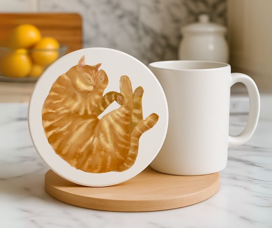Sleeping Ginger Tabby Cat Ceramic Coaster - MerikaArt