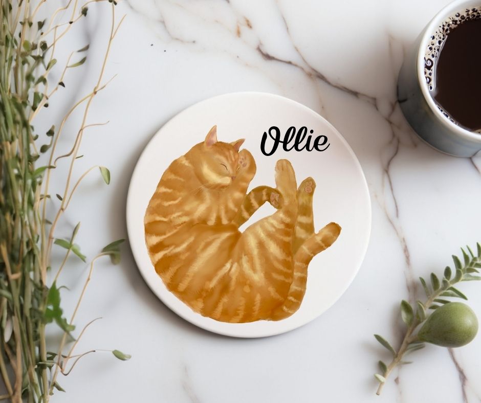 Sleeping Ginger Tabby Cat Ceramic Coaster - MerikaArt