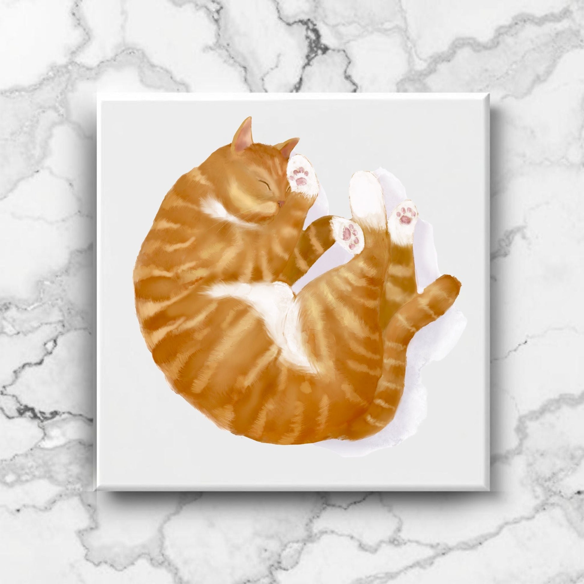 Sleeping Ginger Tabby Cat Ceramic Tile - MerikaArt