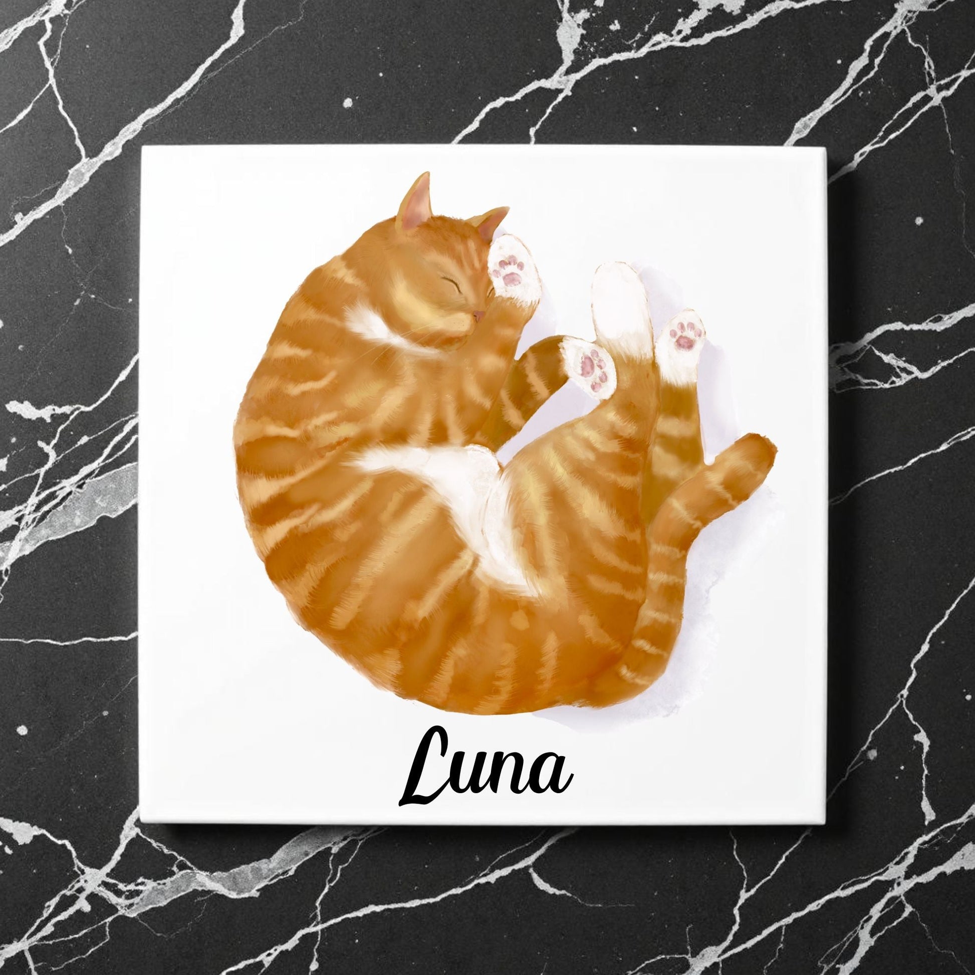 Sleeping Ginger Tabby Cat Ceramic Tile - MerikaArt