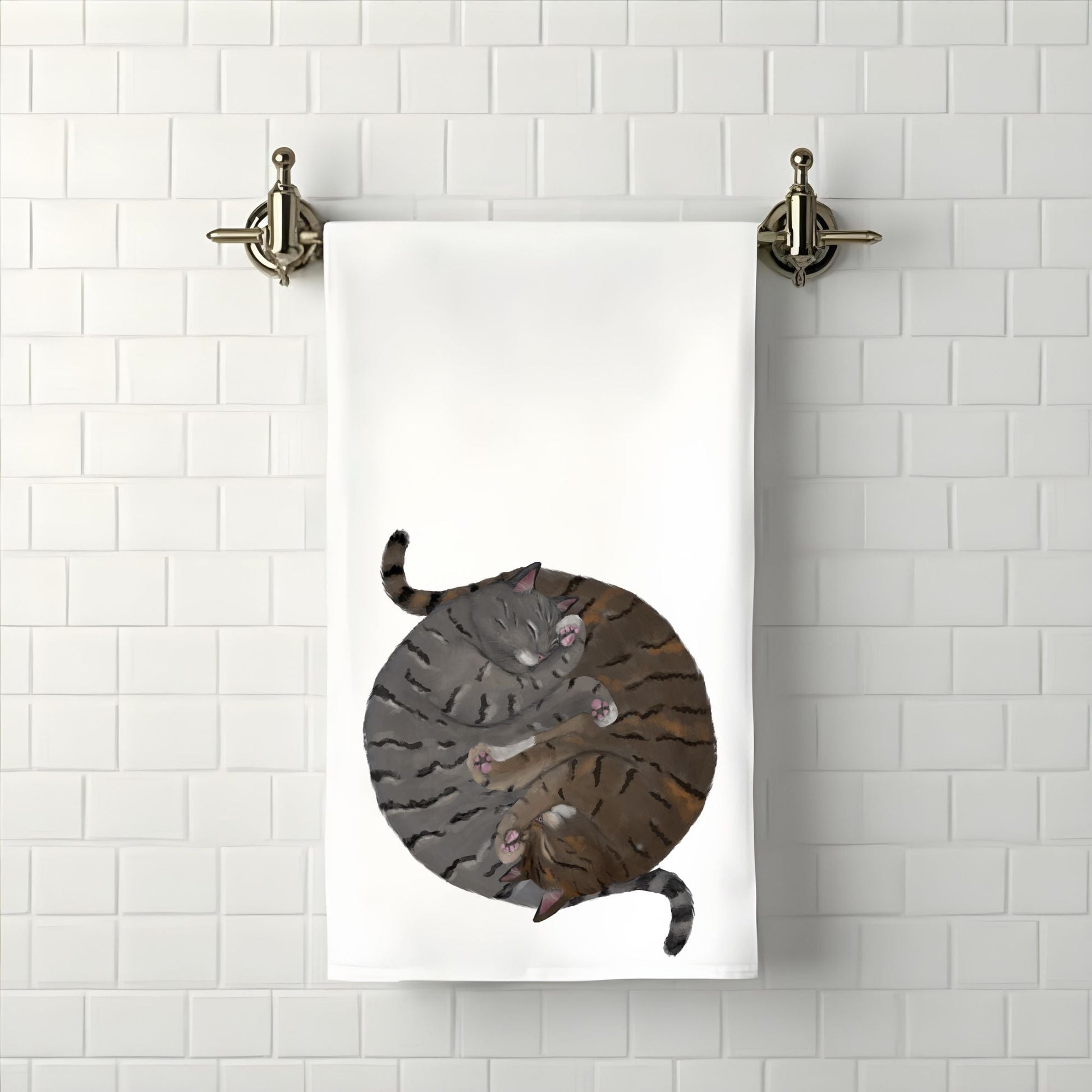Sleeping Gray and Brown Tabby Cats Bathroom Towel - MerikaArt