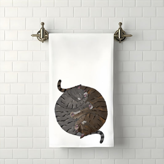 Sleeping Gray and Brown Tabby Cats Bathroom Towel - MerikaArt