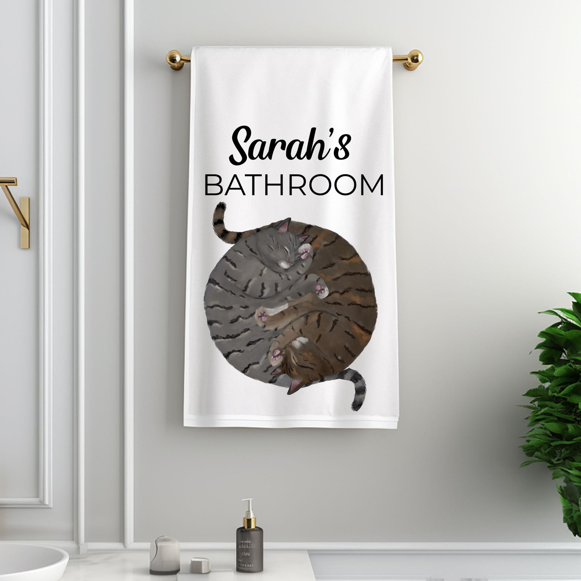 Sleeping Gray and Brown Tabby Cats Bathroom Towel - MerikaArt