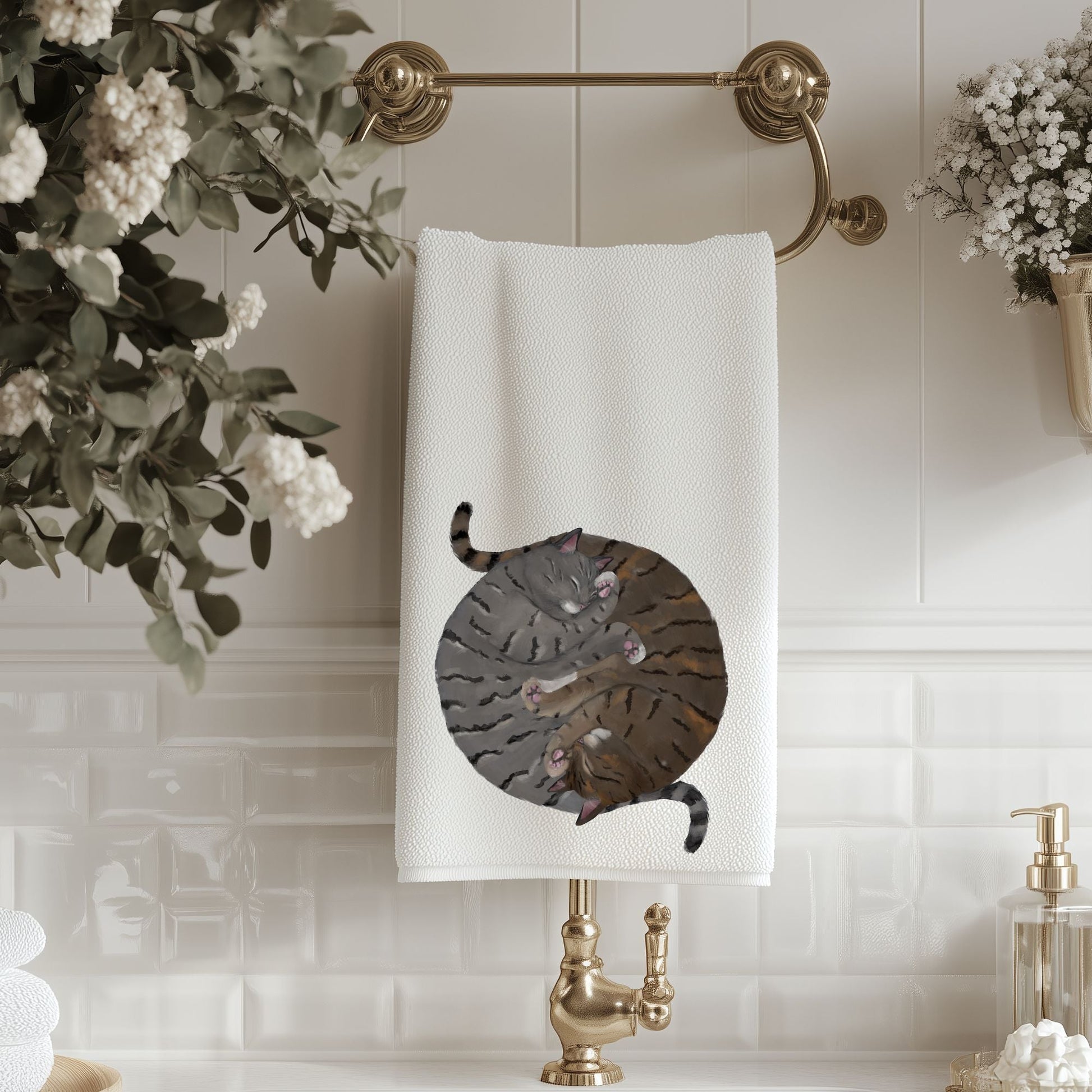 Sleeping Gray and Brown Tabby Cats Bathroom Towel - MerikaArt