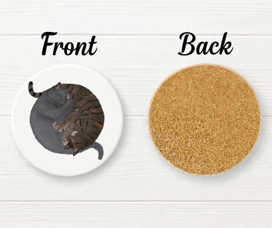 Sleeping Gray and Brown Tabby Cats Ceramic Coaster - MerikaArt