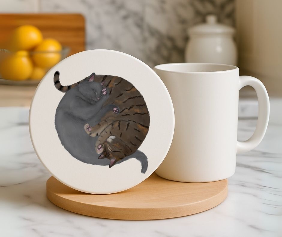 Sleeping Gray and Brown Tabby Cats Ceramic Coaster - MerikaArt